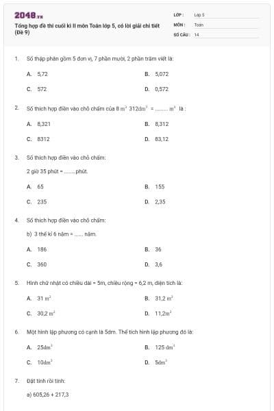 Tổng hợp đề thi cuối kì II môn Toán lớp 5, có lời giải chi tiết (Đề 9)