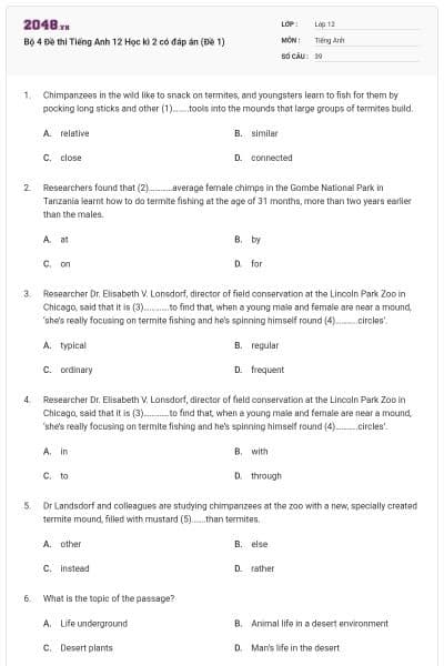 Bộ 4 Đề thi Tiếng Anh 12 Học kì 2 có đáp án (Đề 1)