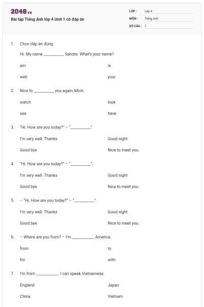 Bài tập Tiếng Anh lớp 4 Unit 1 có đáp án