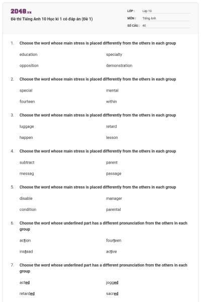 Đề thi Tiếng Anh 10 Học kì 1 có đáp án (Đề 1)