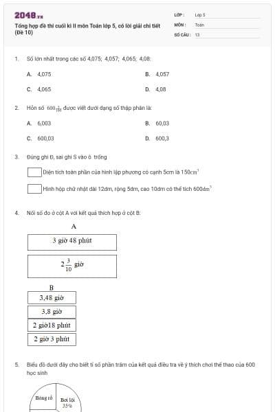 Tổng hợp đề thi cuối kì II môn Toán lớp 5, có lời giải chi tiết (Đề 10)