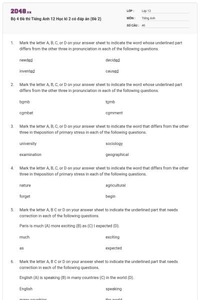 Bộ 4 Đề thi Tiếng Anh 12 Học kì 2 có đáp án (Đề 2)