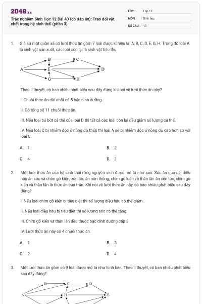 Trắc nghiệm Sinh Học 12 Bài 43 (có đáp án): Trao đổi vật chất trong hệ sinh thái (phần 3)