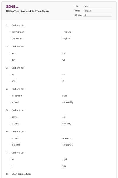 Bài tập Tiếng Anh lớp 4 Unit 2 có đáp án