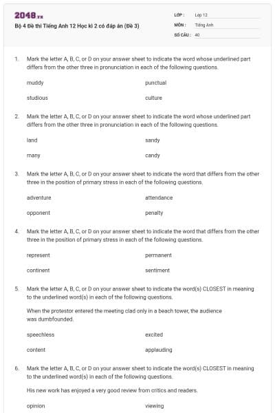 Bộ 4 Đề thi Tiếng Anh 12 Học kì 2 có đáp án (Đề 3)