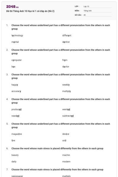 Đề thi Tiếng Anh 10 Học kì 1 có đáp án (Đề 2)