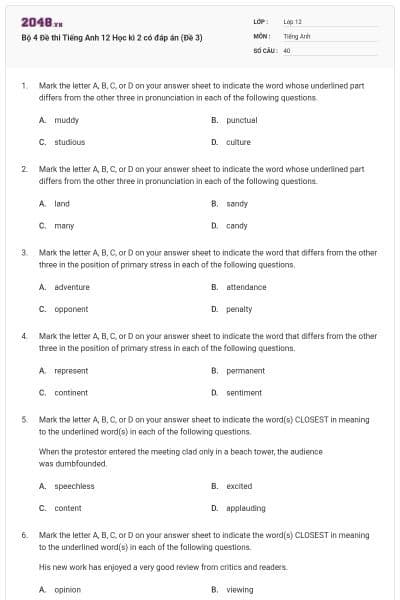 Bộ 4 Đề thi Tiếng Anh 12 Học kì 2 có đáp án (Đề 3)