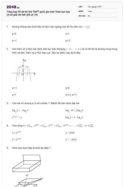 Tổng hợp 20 đề thi thử THPT quốc gia môn Toán cực hay có lời giải chi tiết (Đề số 16)