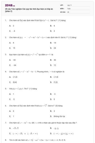 28 câu Trắc nghiệm Các quy tắc tính đạo hàm có đáp án (phần 2)