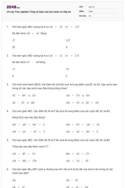 24 câu Trắc nghiệm Tổng và hiệu của hai vecto có đáp án