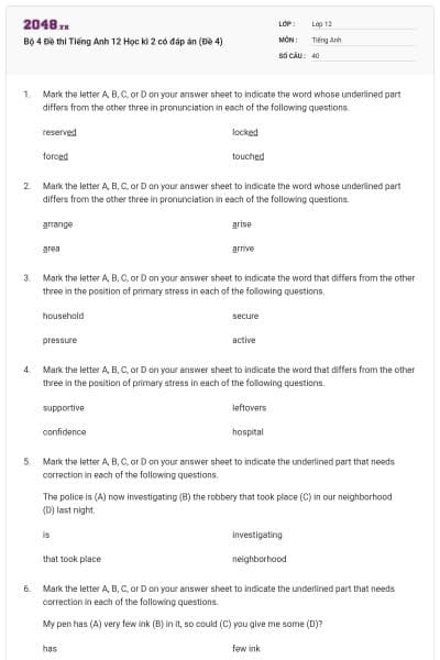 Bộ 4 Đề thi Tiếng Anh 12 Học kì 2 có đáp án (Đề 4)