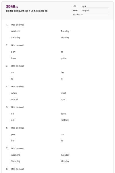 Bài tập Tiếng Anh lớp 4 Unit 3 có đáp án