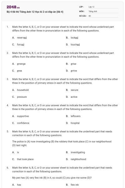 Bộ 4 Đề thi Tiếng Anh 12 Học kì 2 có đáp án (Đề 4)