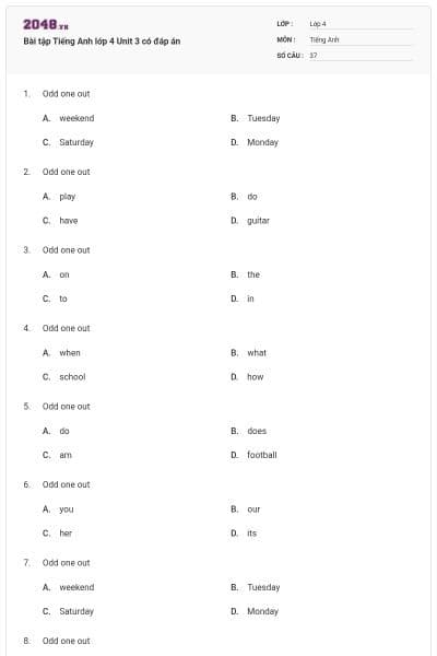 Bài tập Tiếng Anh lớp 4 Unit 3 có đáp án