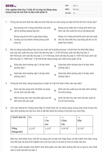 Trắc nghiệm Sinh Học 12 Bài 45 (có đáp án) Dòng năng lượng trong hệ sinh thái và hiệu suất (phần 2)