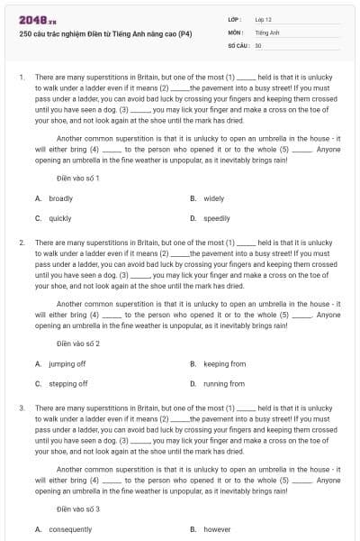 250 câu trắc nghiệm Điền từ Tiếng Anh nâng cao (P4)