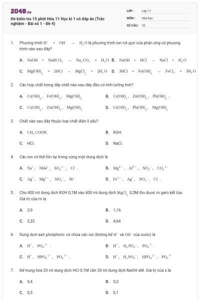 Đề kiểm tra 15 phút Hóa 11 Học kì 1 có đáp án (Trắc nghiệm - Bài số 1 - Đề 4)