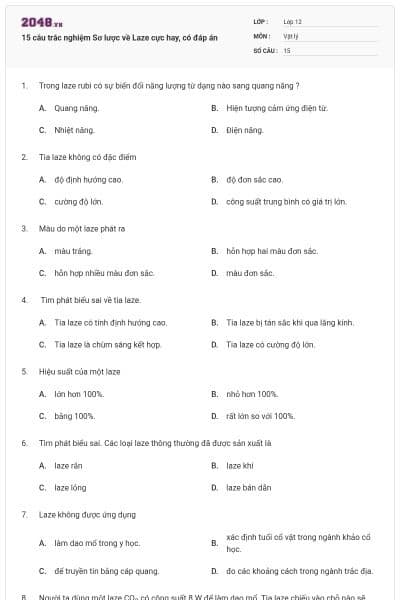 15 câu trắc nghiệm Sơ lược về Laze cực hay, có đáp án