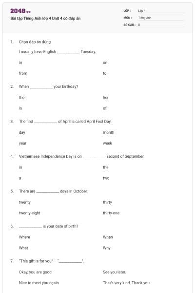 Bài tập Tiếng Anh lớp 4 Unit 4 có đáp án