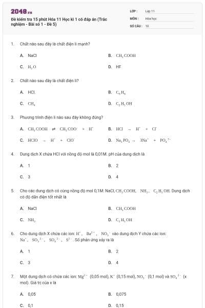 Đề kiểm tra 15 phút Hóa 11 Học kì 1 có đáp án (Trắc nghiệm - Bài số 1 - Đề 5)