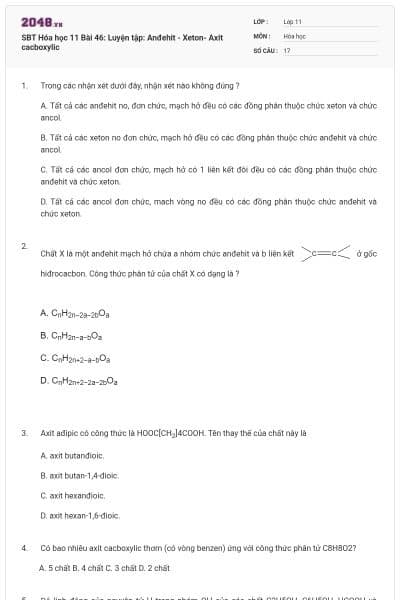 SBT Hóa học 11 Bài 46: Luyện tập: Anđehit - Xeton- Axit cacboxylic