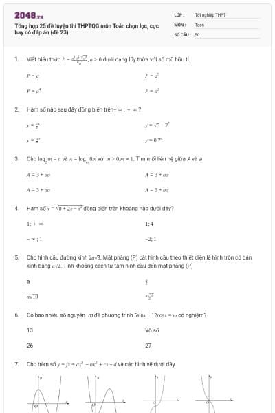 Tổng hợp 25 đề luyện thi THPTQG môn Toán chọn lọc, cực hay có đáp án (đề 23)