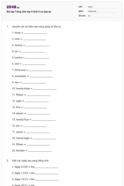 Bài tập Tiếng Anh lớp 4 Unit 4 có đáp án