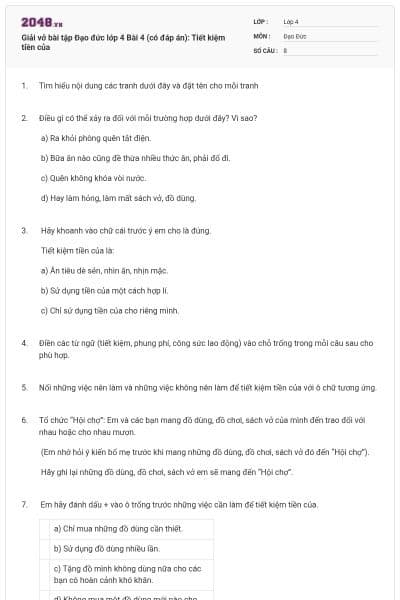 Giải vở bài tập Đạo đức lớp 4 Bài 4 (có đáp án): Tiết kiệm tiền của