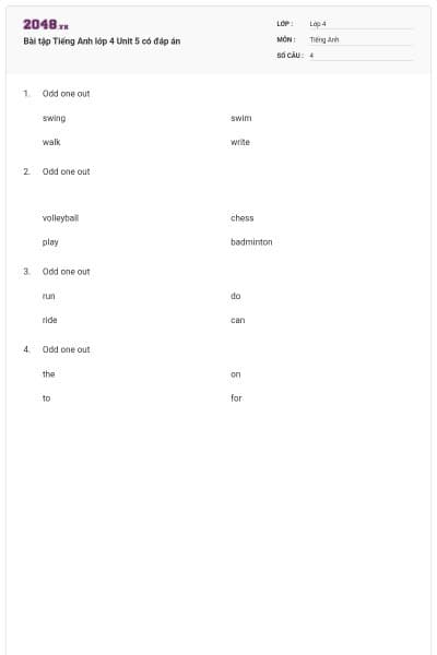 Bài tập Tiếng Anh lớp 4 Unit 5 có đáp án