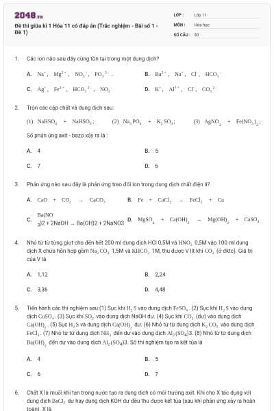Đề thi giữa kì 1  Hóa 11 có đáp án (Trắc nghiệm - Bài số 1 - Đề 1)