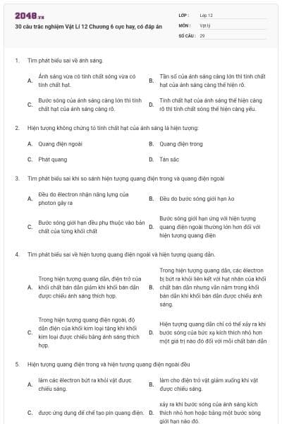 30 câu trắc nghiệm Vật Lí 12 Chương 6 cực hay, có đáp án