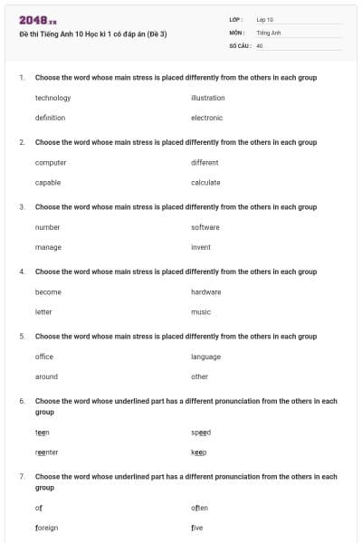 Đề thi Tiếng Anh 10 Học kì 1 có đáp án (Đề 3)