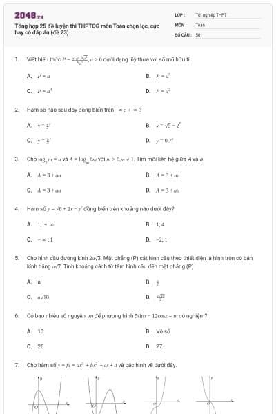 Tổng hợp 25 đề luyện thi THPTQG môn Toán chọn lọc, cực hay có đáp án (đề 23)