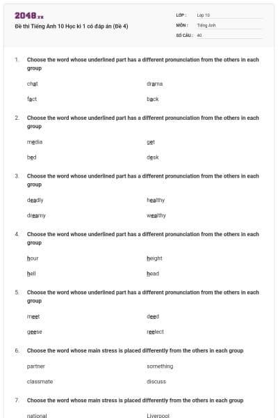 Đề thi Tiếng Anh 10 Học kì 1 có đáp án (Đề 4)