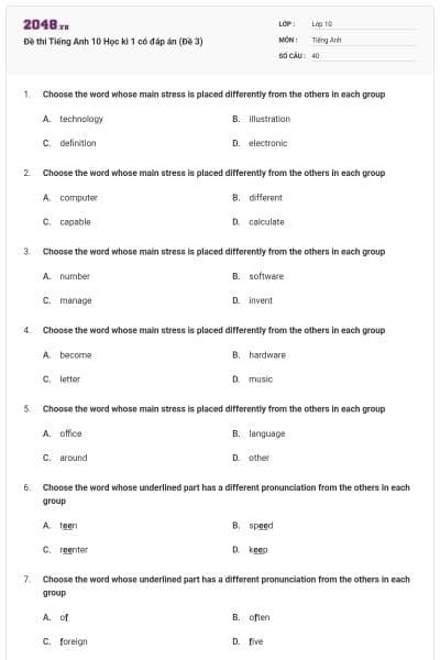 Đề thi Tiếng Anh 10 Học kì 1 có đáp án (Đề 3)