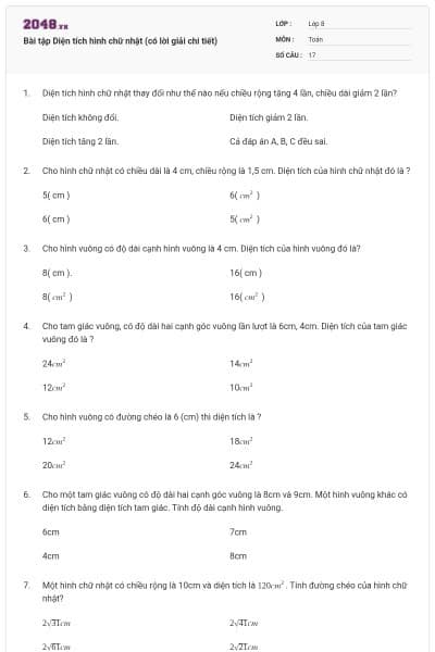 Bài tập Diện tích hình chữ nhật (có lời giải chi tiết)