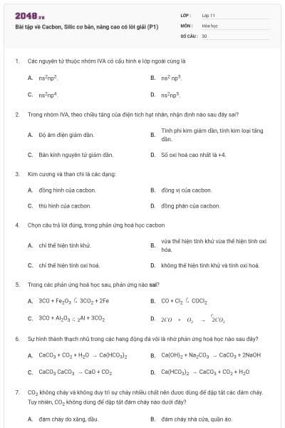 Bài tập về Cacbon, Silic cơ bản, nâng cao có lời giải (P1)