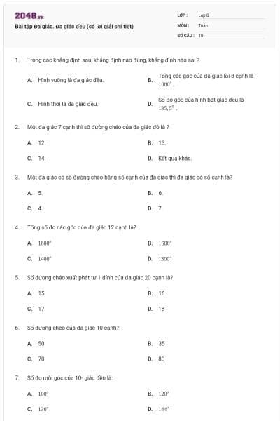 Bài tập Đa giác. Đa giác đều (có lời giải chi tiết)