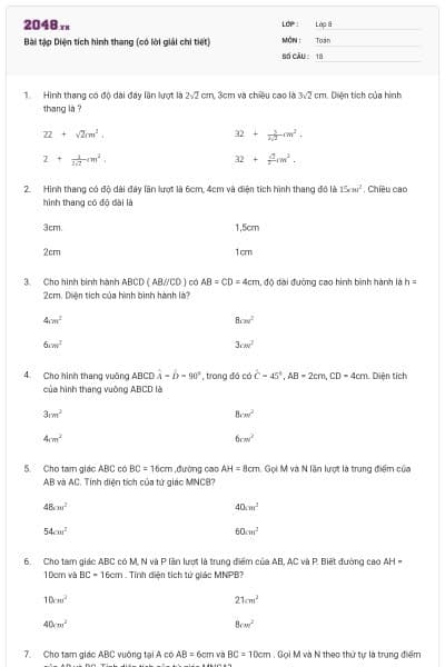 Bài tập Diện tích hình thang (có lời giải chi tiết)