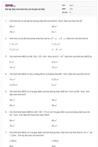 Bài tập Diện tích hình thoi (có lời giải chi tiết)