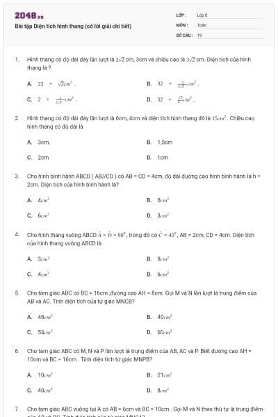 Bài tập Diện tích hình thang (có lời giải chi tiết)