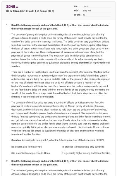 Đề thi Tiếng Anh 10 Học kì 1 có đáp án (Đề 5)