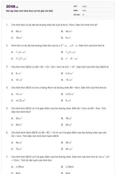 Bài tập Diện tích hình thoi (có lời giải chi tiết)