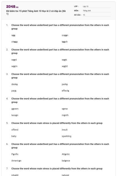 Đề kiểm tra 15 phút Tiếng Anh 10 Học kì 2 có đáp án (Đề 1)