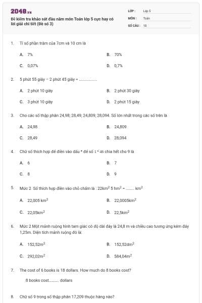 Đề kiểm tra khảo sát đầu năm môn Toán lớp 5 cực hay có lời giải chi tiết (Đề số 3)