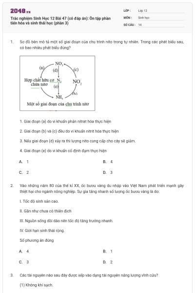Trắc nghiệm Sinh Học 12 Bài 47 (có đáp án): Ôn tập phần tiến hóa và sinh thái học (phần 3)
