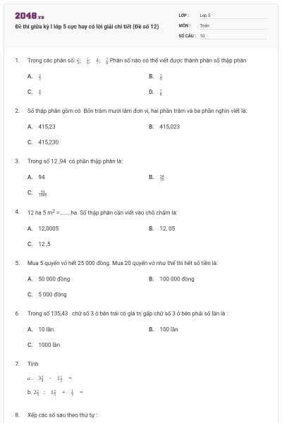 Đề thi giữa kỳ I lớp 5 cực hay có lời giải chi tiết (Đề số 12)