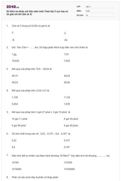 Đề kiểm tra khảo sát đầu năm môn Toán lớp 5 cực hay có lời giải chi tiết (Đề số 4)