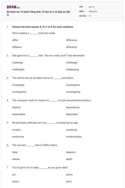 Đề kiểm tra 15 phút Tiếng Anh 10 Học kì 2 có đáp án (Đề 2)