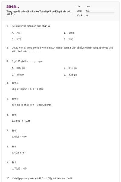 Tổng hợp đề thi cuối kì II môn Toán lớp 5, có lời giải chi tiết (Đề 11)